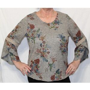 Floral Bell Sleeve Top XL Soft Stretch Boho Boutique Blouse